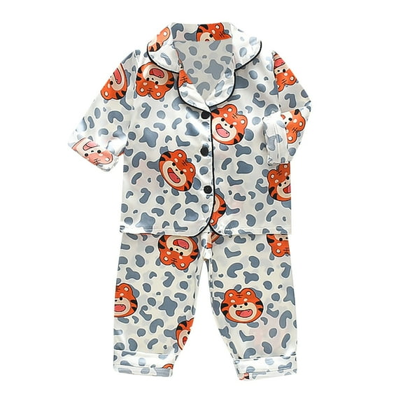 Hienoo Infant Kids Pajamas Boys Girls Animals Satin Button Down Shirt   Pants Sleepwear Set