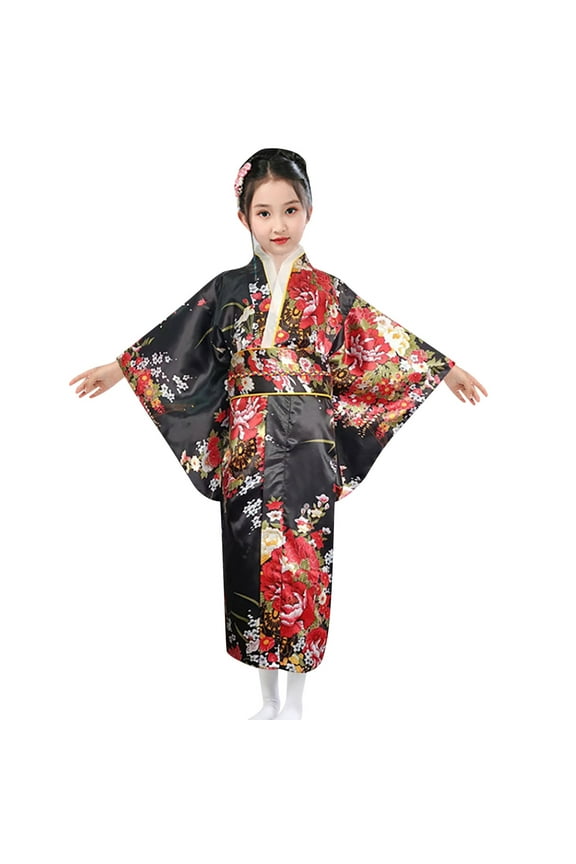 Japanese Traditional Dress Kimono Robe for Kids Girls Yukata Dress Up, Black