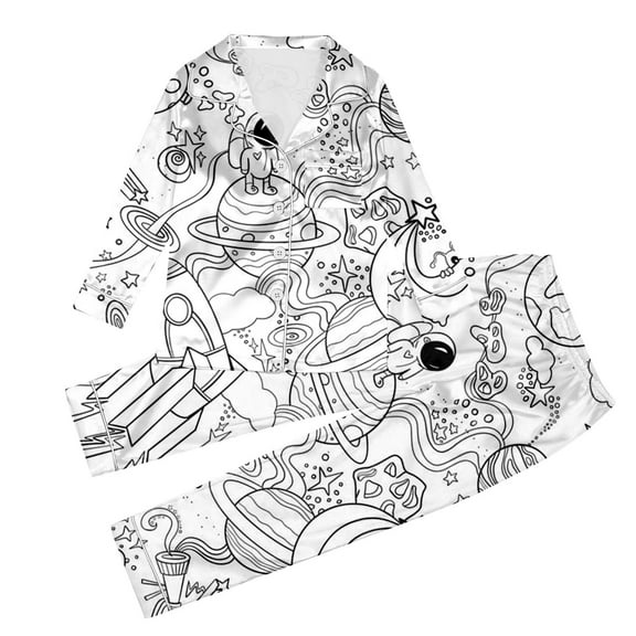 Hienoo Kids DIY Hand Drawn Sleepwear Set Long Sleeve Button Shirt Pants Pajamas, Size 3-14