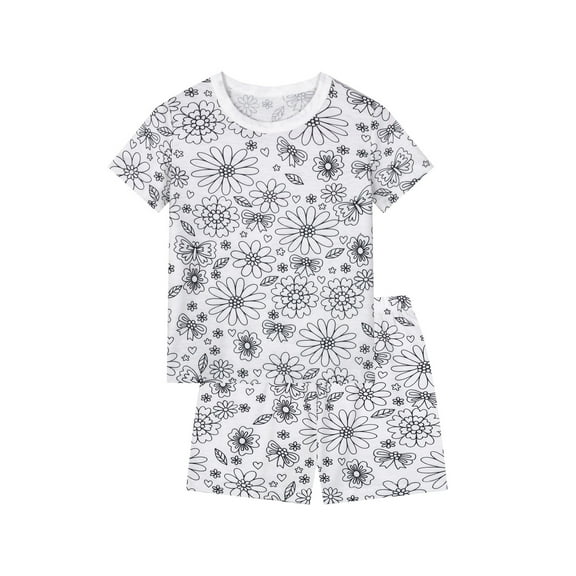 Hienoo Kids DIY Hand Painted Pajamas Flower Print Short Sleeve Tshirt Shorts Set for Girls