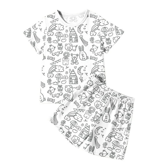 Hienoo Kids DIY Hand Painted Sleepwear Coloring Pajamas Short Sleeve T-Shirt Shorts Set, Sizes 6-7Y