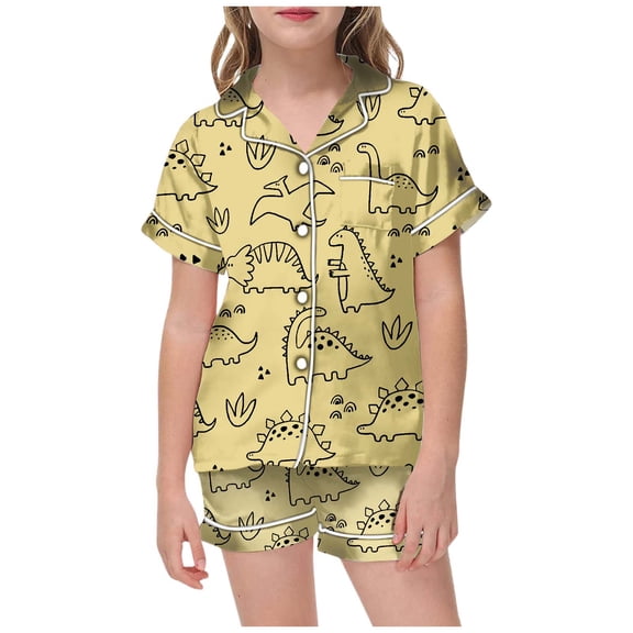 Hienoo Kids Dinosaur Pajamas Short Sleeve Button Down Shirt Shorts Sleepwear