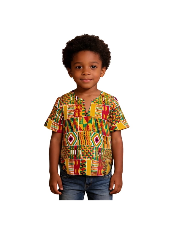 Little Boys Africa Dashiki T-Shirt Ethnic Print Short Sleeve V Neck T Shirt Top