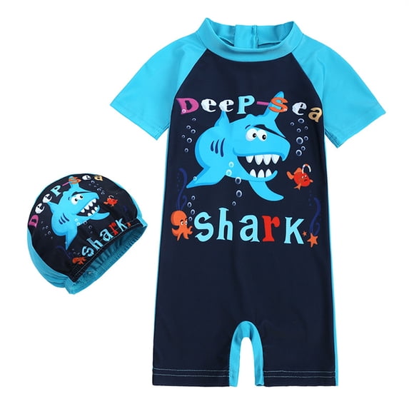 Hienoo Little Boys Cartoon Short Sleeve Rash Guard Quick Dry One-Piece Swimsuit with Hat