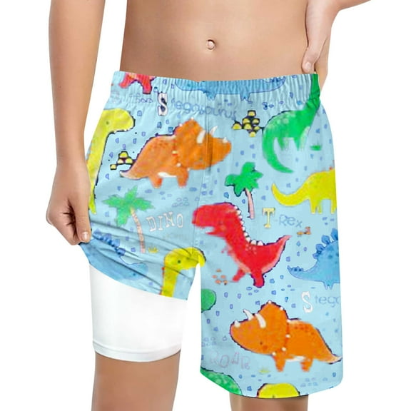 Hienoo Little Boys Dinosaur Prints Compression Liner Swim Trunks Swimwear