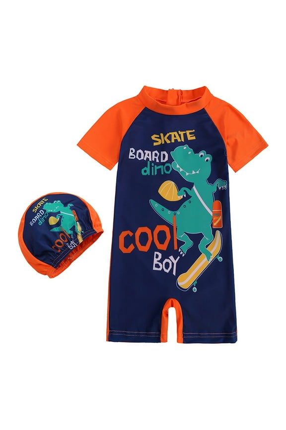 Little Boys Rash Guard Swimsuit Cartoon Dinosaur Print One-Piece Bathing Suit