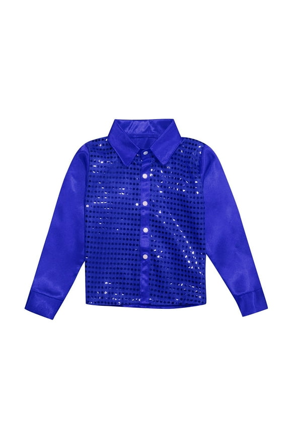 Little Boys Sparkly Sequins Dance Top Long Sleeve Button Down Shirt, Sizes 3-14