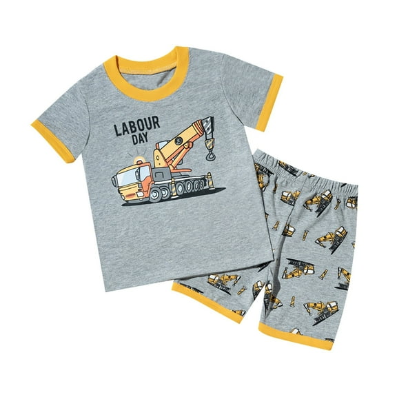 Hienoo Little Boys Summer Cotton Outfits Excavator Print Short Sleeve T-Shirt Shorts Set, Sizes 2-8
