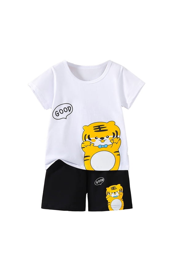 Little Boys Summer Outfits Cartoon Tiger Print Short Sleeve T Shirt Shorts Set, Sizes 5-6Y