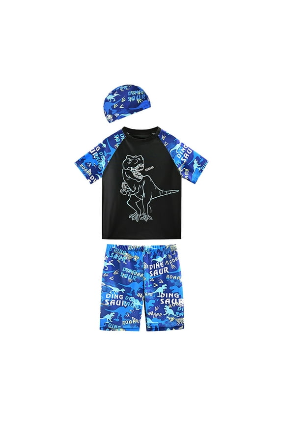 Little Boys Swimsuit Dinosaur Print Short Sleeve Rash Guard Swim Shorts Swimwear