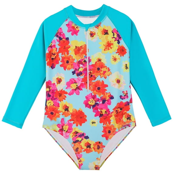 Hienoo Little Girl Floral Rash Guard Swimsuit Long Sleeve One-Piece Bathing Suit Swimwear