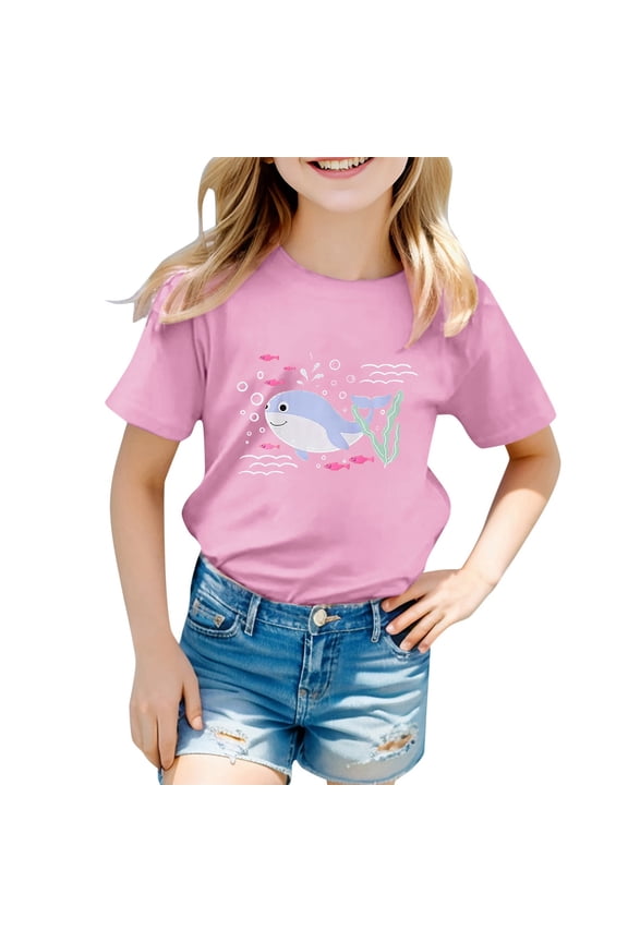 Little Girl Summer Casual T Shirt Whale Print Short Sleeved T-Shirt, Sizes 12M-13T