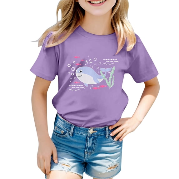 Hienoo Little Girl Summer Casual T Shirt Whale Print Short Sleeved T-Shirt, Sizes 12M-13T