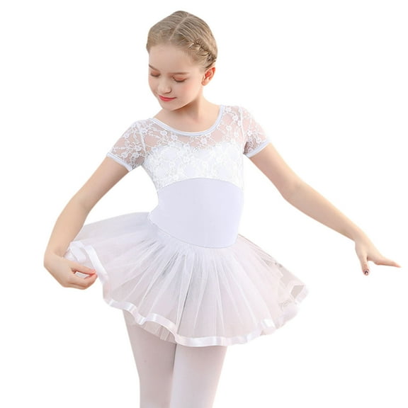 Hienoo Little Girl's Ballet Dance Dress Lace Short Sleeve Leotards with Removable Tutu Skirt