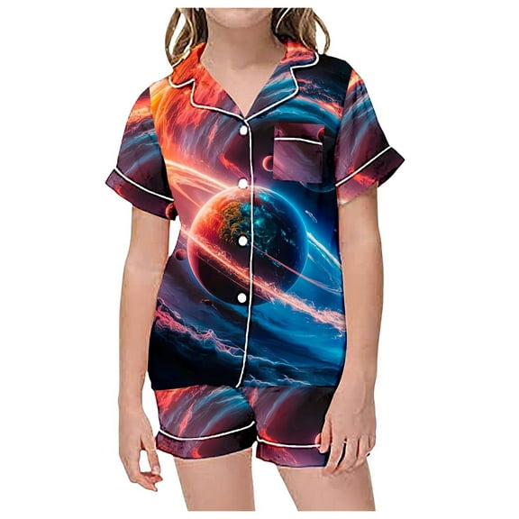Hienoo Little Girl's Galaxy Pajamas Starry Sky Printed Short Sleeved Top Shorts Sleepwear