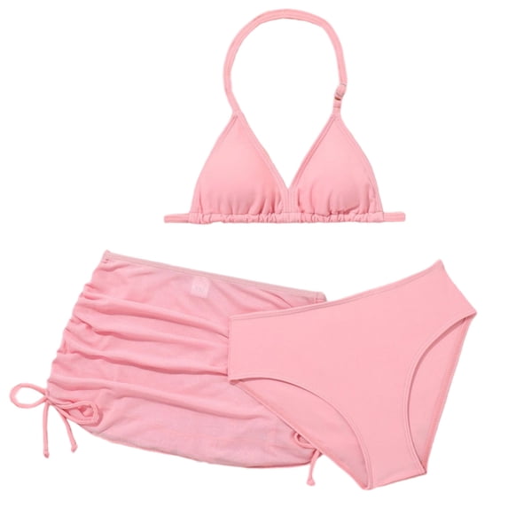 Hienoo Little Girls 3 Piece Swimsuits Halter Bikini Set with Cover Up Skirt Bathing Suits