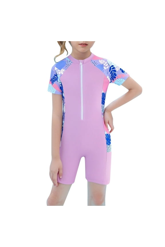 Little Girls Athletic One-Piece Swimsuit Quick Dry Short Sleeve Rash Guard Swimwear