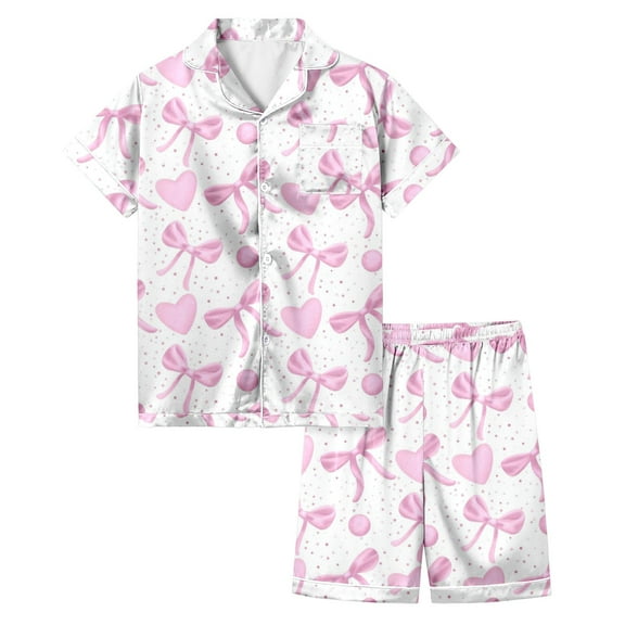 Hienoo Little Girls Bow Print Short Sleeve Button Down Shirt Shorts Pajama Set Sleepwear