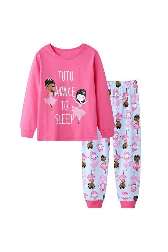 Little Girls Cartoon Print Pajama Set Long Sleeve Top and Pants Sleepwear Outfits