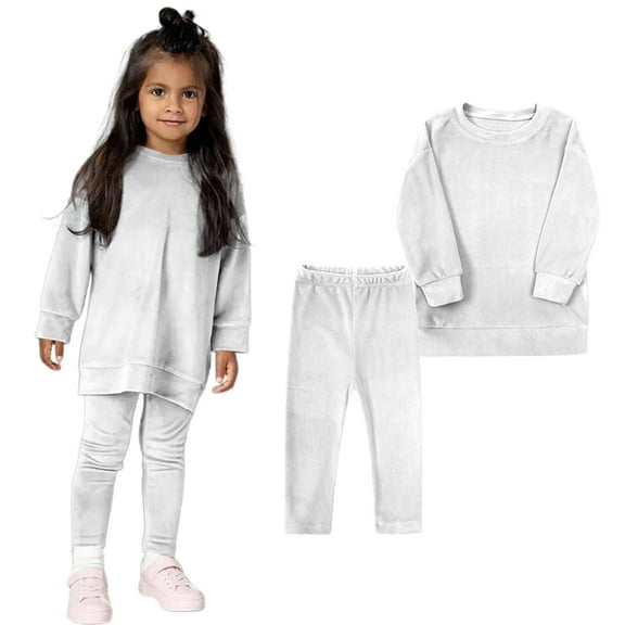 Hienoo Little Girls Casual Outfits Solid Pullover Sweatshirt Pants 2-Piece Clothes Set