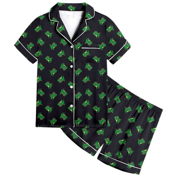 Hienoo Little Girls Dinosaur Pajamas Kids Satin Short Sleeve Top Shorts Sleepwear Homewear