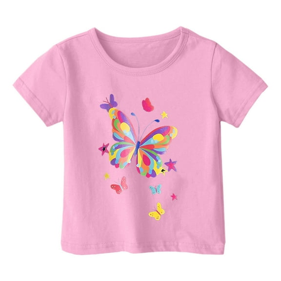 Hienoo Little Girls Graphic T-Shirt Butterfly Print Short Sleeve T Shirt, Sizes 1-13