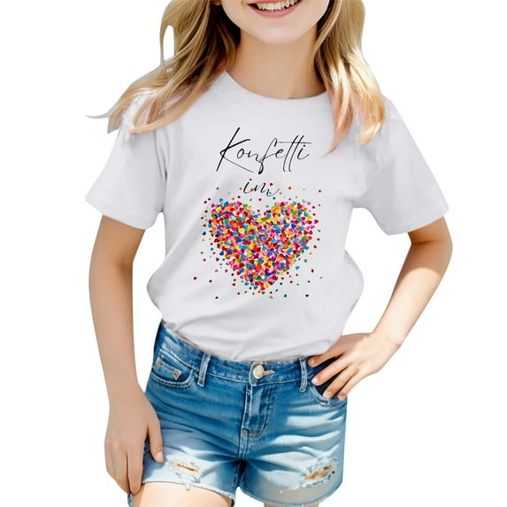 Hienoo Little Girls Graphic T Shirt Heart Print Short Sleeved Carnival Tshirt, Sizes 1-13