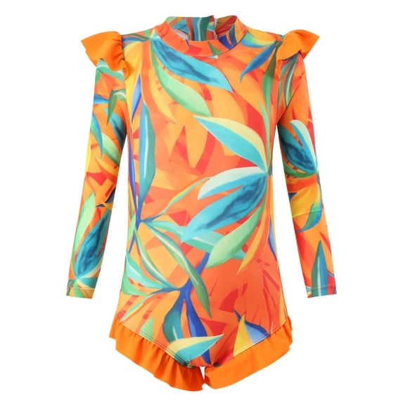 Hienoo Little Girls Long Sleeve Zip-Up Rash Guard Tropical Ruffle One-Piece Swimsuit