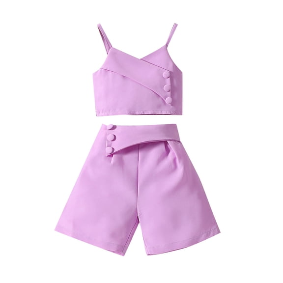 Hienoo Little Girls Outfit Sets Summer Strap Sleeveless Solid Camisole Shorts Two Piece Set