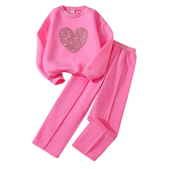 Hienoo Little Girls Outfits Heart Print Pullover Sweatshirt Straight Pants 2-Piece Set