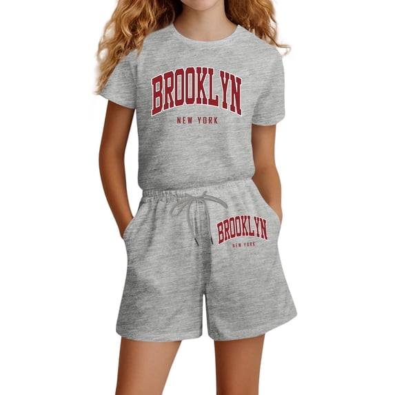 Hienoo Little Girls Outfits Letter Print Short Sleeves T Shirt & Shorts Set, Sizes 6-7Y