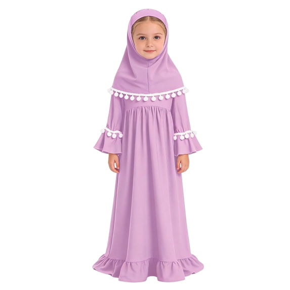 Hienoo Little Girls Outfits Solid Tassels Long Sleeve Ruffle Abaya Dress Hijab 2Pcs Set