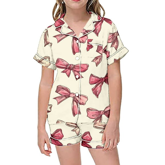 Hienoo Little Girls Pajamas Bow Print Short Sleeve Nightwear Sleepwear,2-Piece,Sizes 2-13T