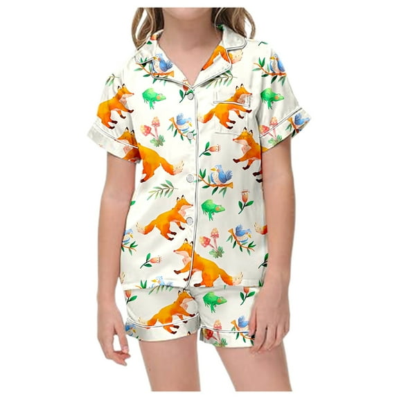 Hienoo Little Girls Satin Pajamas Cartoon Fox Short Sleeve Button Up Top Shorts Sleepwear