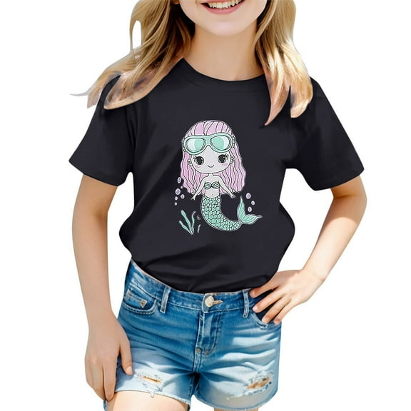 Hienoo Little Girls Short Sleeve T-Shirt Cartoon Print Cute Casual T Shirt, Sizes 12M-13T