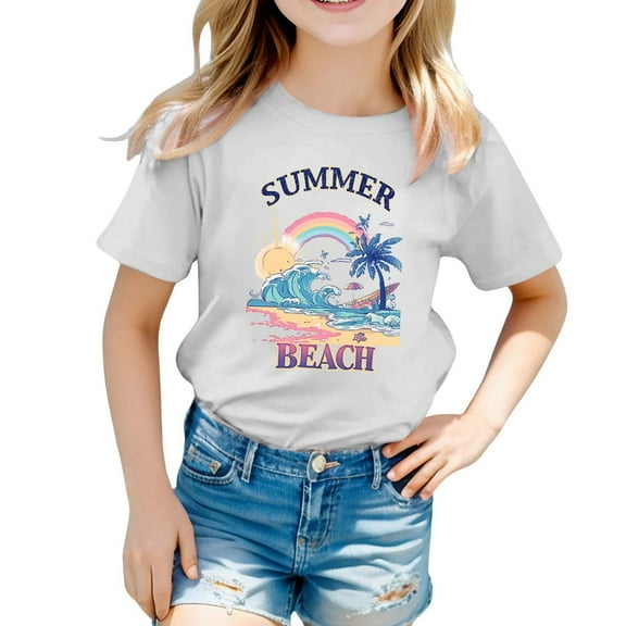 Hienoo Little Girls Summer Beach Tshirt Short Sleeve Comfortable Graphic T-Shirt For Kids