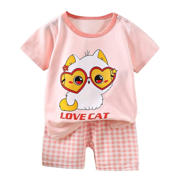 Hienoo Little Girls Summer Outfits Cartoon Print Short Sleeve T-Shirt Shorts Set, Sizes 5-6Y