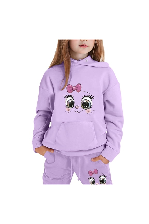 Little Girls Sweatsuit Cartoon Cat Print Hoodie Sweatpants Outfits 2Pcs Clothes Set
