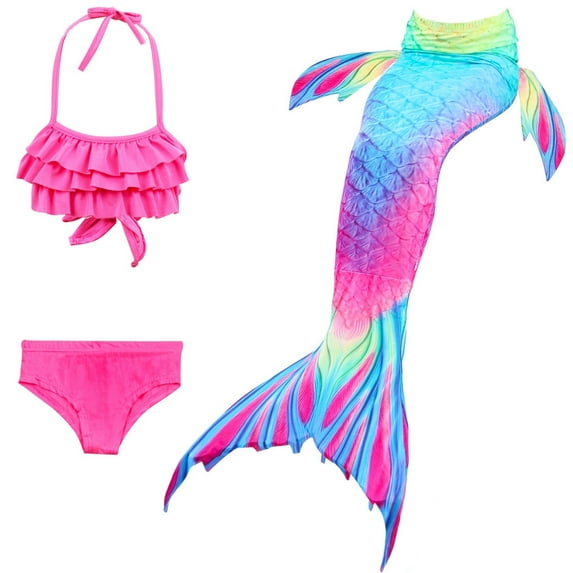 Hienoo Little Girls Swimsuit Ruffle Halter Bikini Set Fish Tail Beach Bathing Suit, 3-Piece
