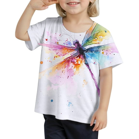 Hienoo Little Girls T Shirt Dragonfly Print Short Sleeve T-Shirt Summer Casual Tshirt