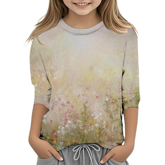 Hienoo Little Girls' T-Shirt Flower Print 3/4 Sleeve Vintage T Shirt Summer Casual T Shirt