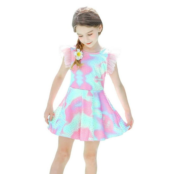 Hienoo Little Girls Tie Dyed Swimsuit Ruffle Beach Dress with Shorts Sun Protection Bathing Suit