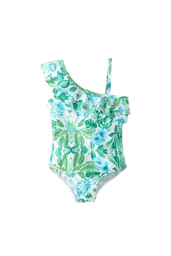 Little Girls Tropical Print One-Piece Swimsuit Ruffle One Shoulder Bathing Suit