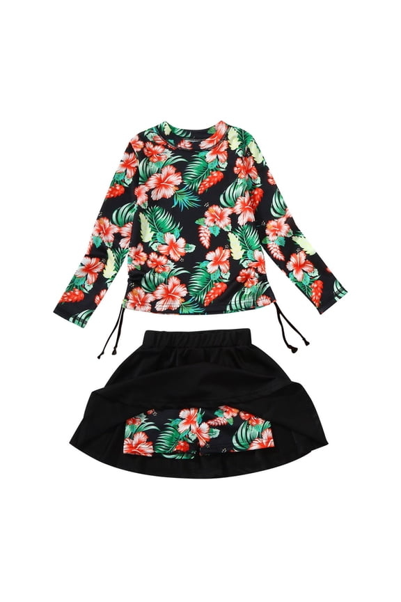 Little Girls Two Piece Swimsuit Long Sleeve Rashguard Skirt Bathing Suit Swimwear