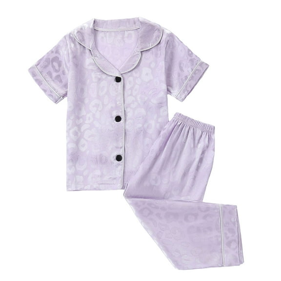 Hienoo Little Kids Leopard Pajamas Boys Girls Short Sleeve Button-Down Shirt Pants Homewear