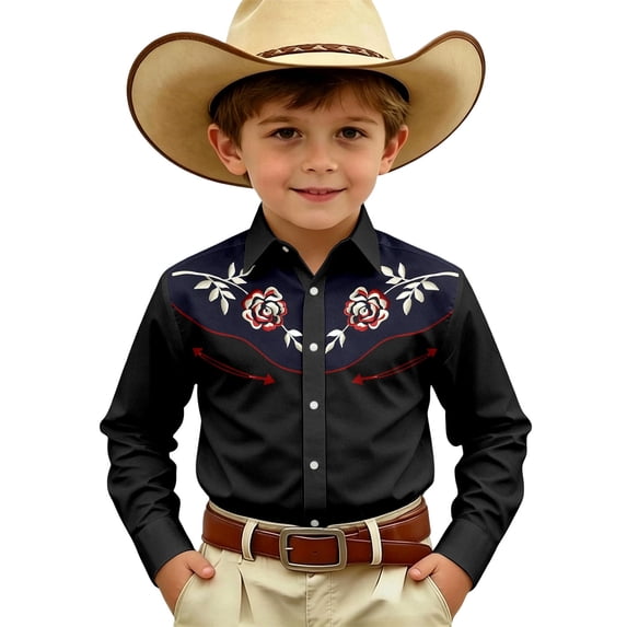 Hienoo Long Sleeve Western Shirt for Boys Casual Button Down Cowboy Shirt Top, Sizes 4-13