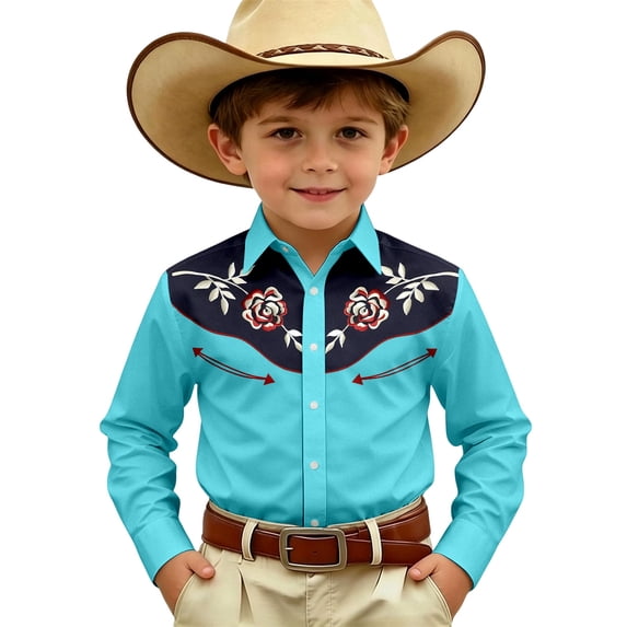Hienoo Long Sleeve Western Shirt for Boys Casual Button Down Cowboy Shirt Top, Sizes 4-13
