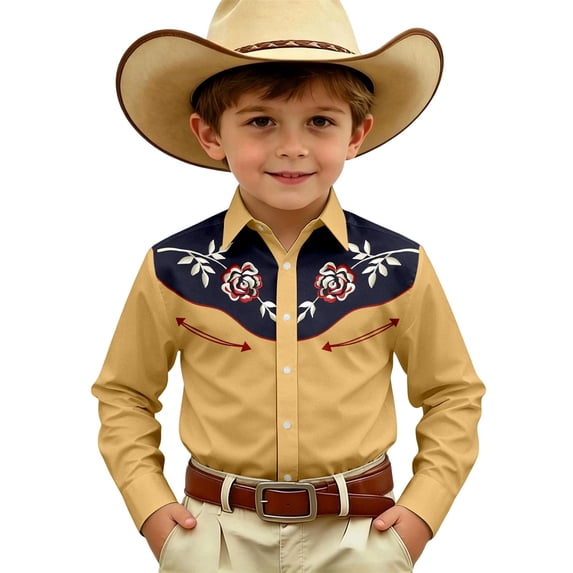Hienoo Long Sleeve Western Shirt for Boys Casual Button Down Cowboy Shirt Top, Sizes 4-13