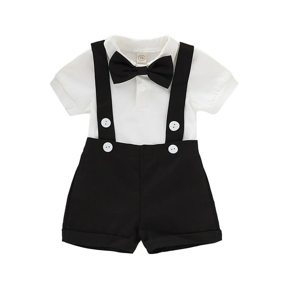 Hienoo Newborn Boys Formal Suit Short Sleeve Romper Suspenders Shorts Bowtie Wedding Tuxedo Outfits, Black