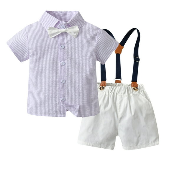 Hienoo Newborn Boys Striped Short Sleeve Button Shirt Suspenders Shorts Set Summer 2Pcs Outfits